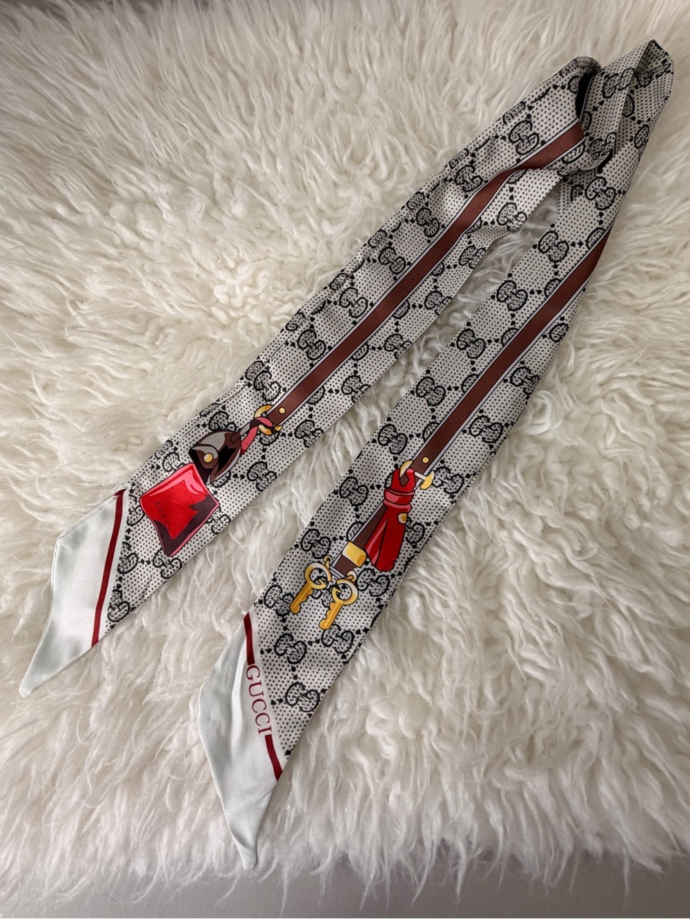 White & Red logo Print Hair Scarf Twilly